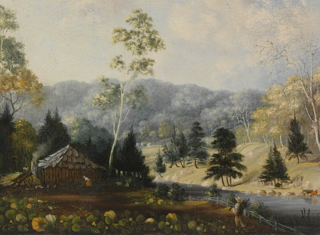 Workers’ slab hut with Aboriginal servants? “Thornthwaite” Upper Hunter Valley by Joseph Docker c1860. SLNSW